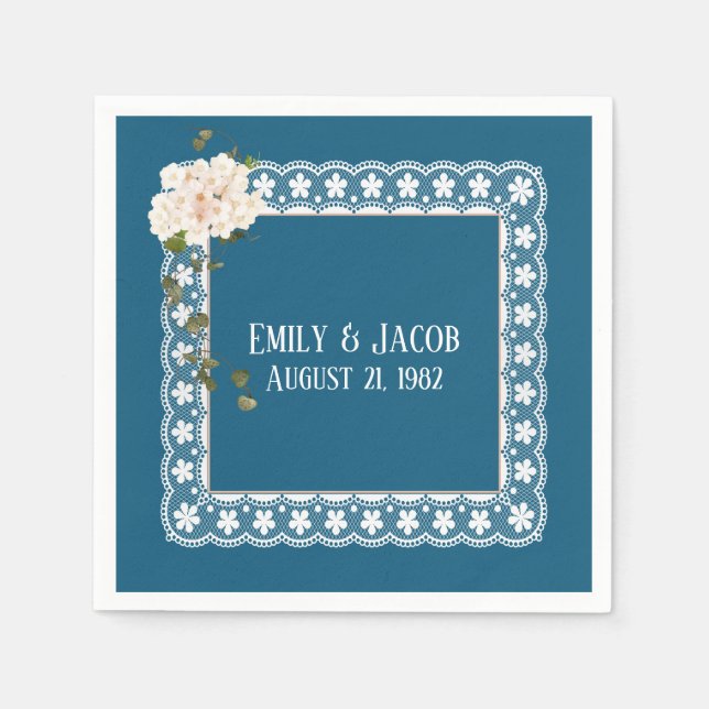 Anniversary White Lace On Blue Napkins (Front)