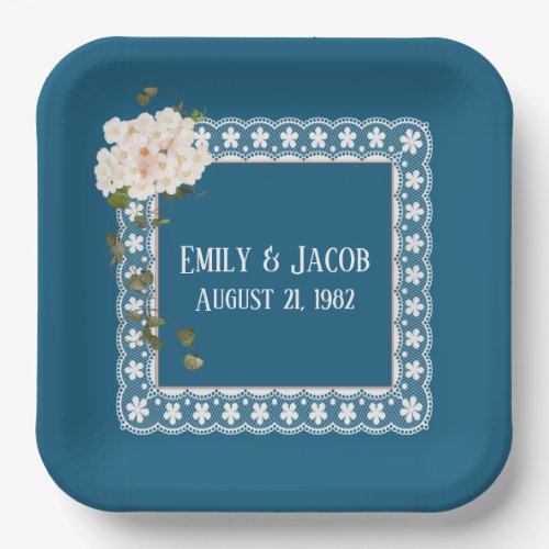 Anniversary White Lace On Blue  Paper Plates
