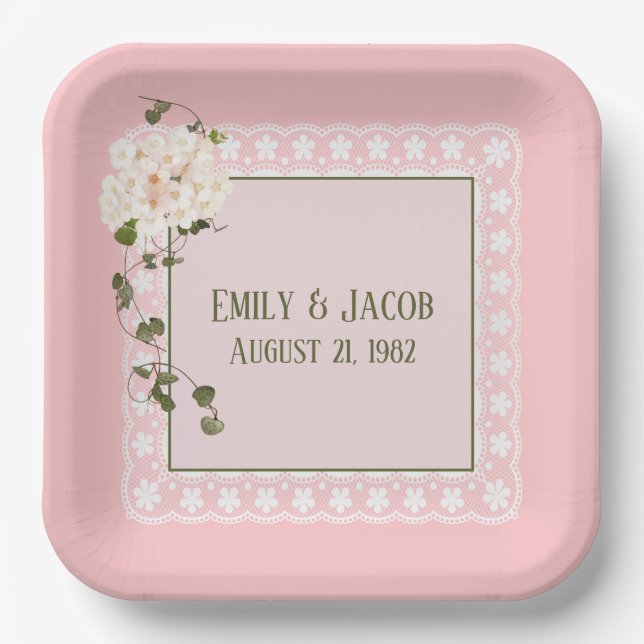 Anniversary White Lace On Blush  Paper Plates (Front)