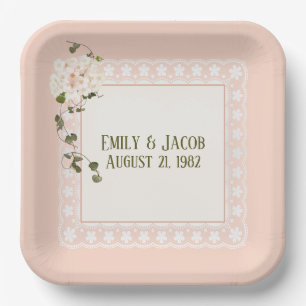 Anniversary White Lace On Peach Pink Paper Plates