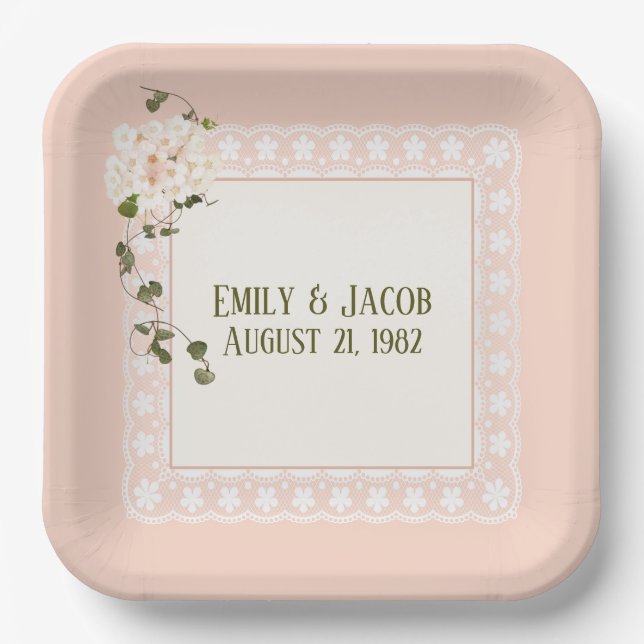 Anniversary White Lace On Peach Pink Paper Plates (Front)