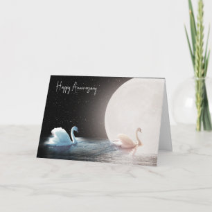 Anniversary White Swans and Moon Card