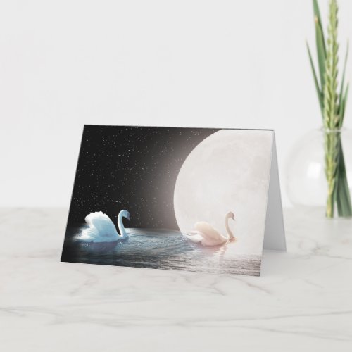 Anniversary White Swans with Moon Card