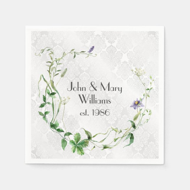 Anniversary Wildflower Wreath On Damask Napkins (Front)