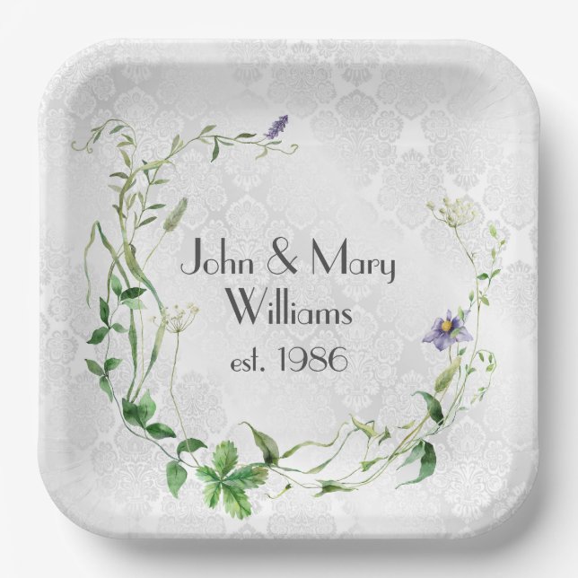 Anniversary Wildflower Wreath On Damask Paper Plates (Front)