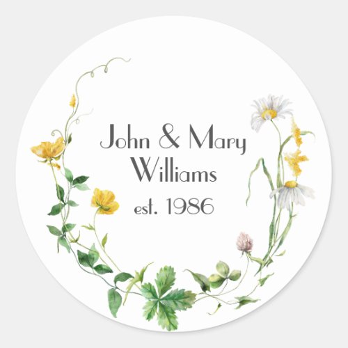 Anniversary Wildflower Wreath On White  Classic Round Sticker