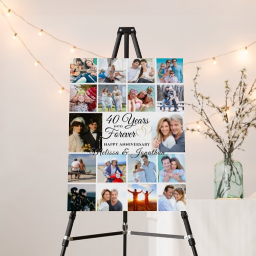 Anniversary # YEARS INTO FOREVER 18 Photos Foam Board - Celebrate any anniversary with an easy-to-create photo memory display with a photo collage template of 18 pictures through the years and titled with an elegant calligraphy script typography design # YEARS INTO FOREVER accented with faux gold metallic hearts and personalized with your custom text and the couple's names. The title is editable to use for any anniversary.  PHOTO TIP:  For fastest/best results, choose a photo with the subject in the middle and/or pre-crop it to a similar shape as shown BEFORE uploading and use the CHANGE tab next to the sample photo in the PERSONALIZE section. CHANGES:  Change the background color, select a styled graphics background or change the text font style, color, size and placement for a custom look by clicking on CUSTOMIZE FURTHER in the PERSONALIZE section. Contact the designer via Zazzle Chat or makeitaboutyoustore@gmail.com if you'd like this design modified, on another product or would like coordinating items.