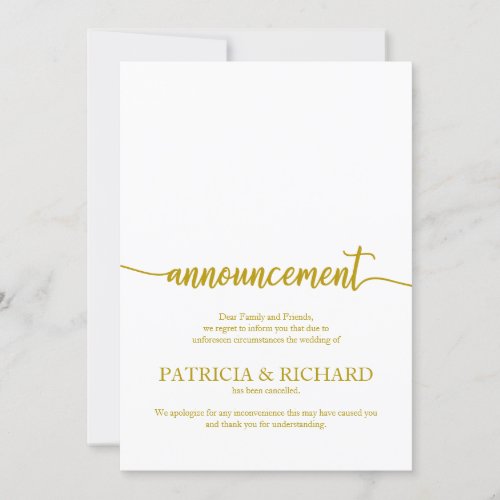 Announcement Cancelled Wedding Elegant Gold Script