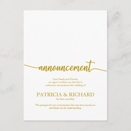 Announcement Cancelled Wedding Elegant Gold Script Postcard