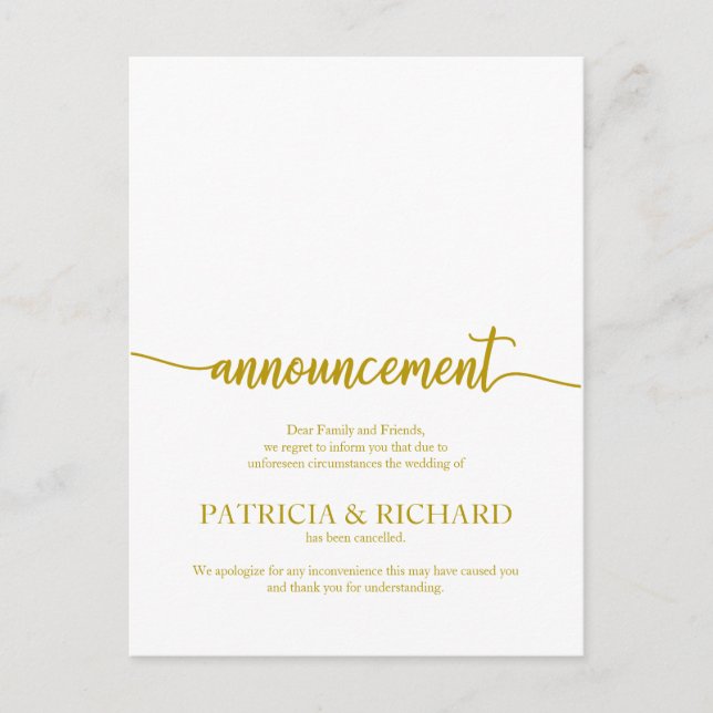 Announcement Cancelled Wedding Elegant Gold Script Postcard (Front)