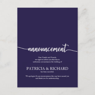 Announcement Cancelled Wedding Elegant Navy Blue Postcard