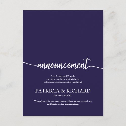 Announcement Cancelled Wedding Elegant Navy Blue Postcard