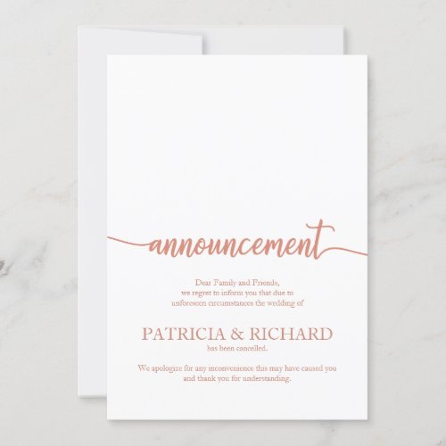 Announcement Cancelled Wedding Elegant Rose Gold