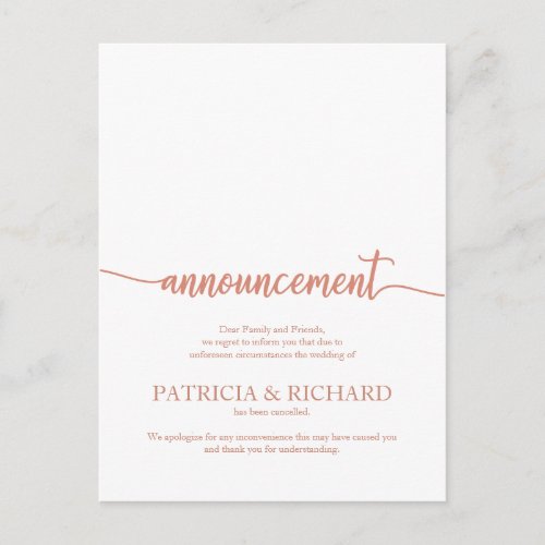 Announcement Cancelled Wedding Elegant Rose Gold Postcard