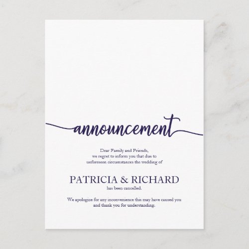 Announcement Cancelled Wedding Navy Blue Script Postcard