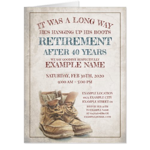 Announcement of retirement with old boots card