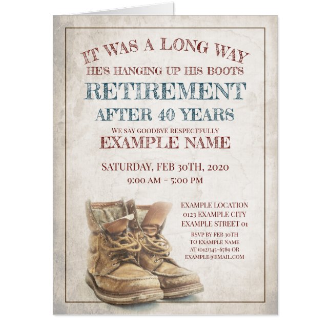 Announcement of retirement with old boots card (Front)