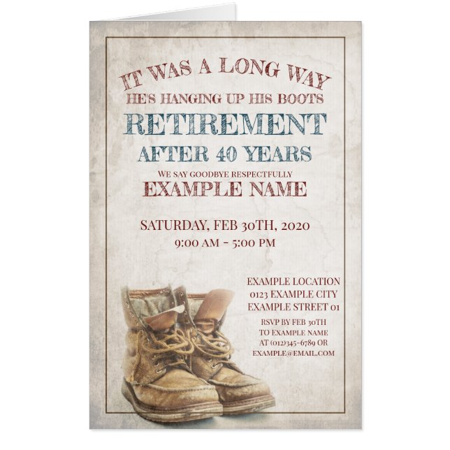 Announcement of retirement with old boots card (Front)
