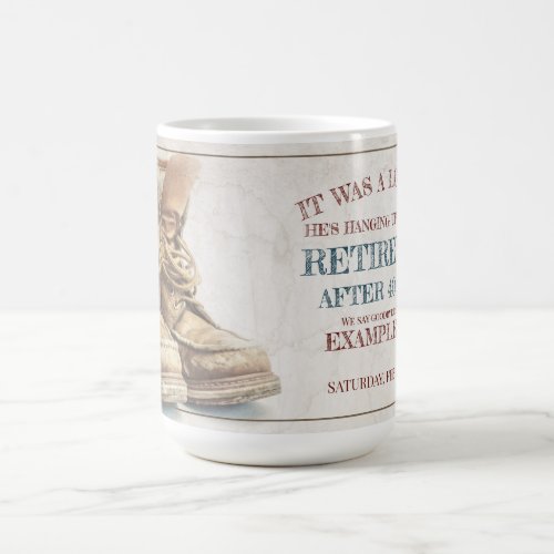 Announcement of retirement with old boots V20 Magic Mug
