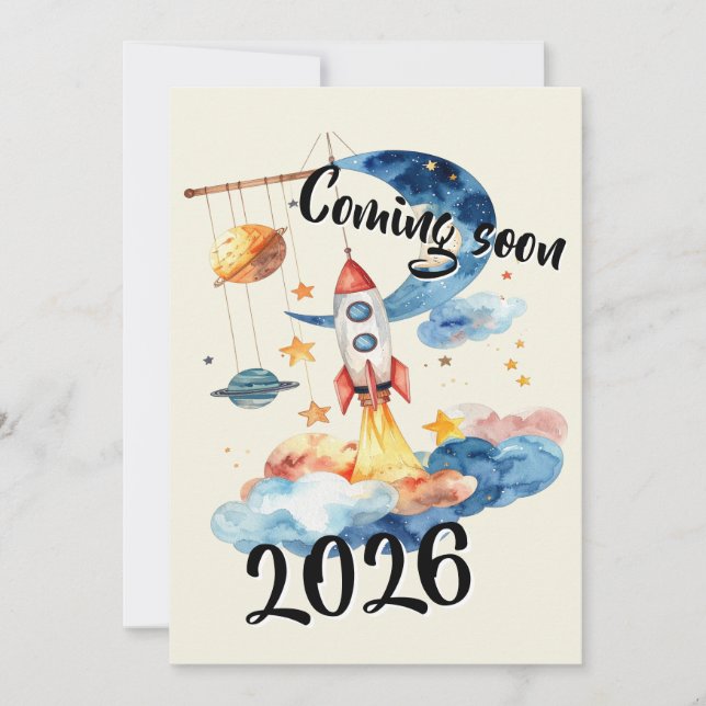 Announcing Pregnancy 2026 Rocket Space  Invitation (Front)