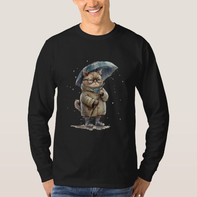 Annoyed cat sad cat with umbrella in the rain grap T-Shirt (Front)
