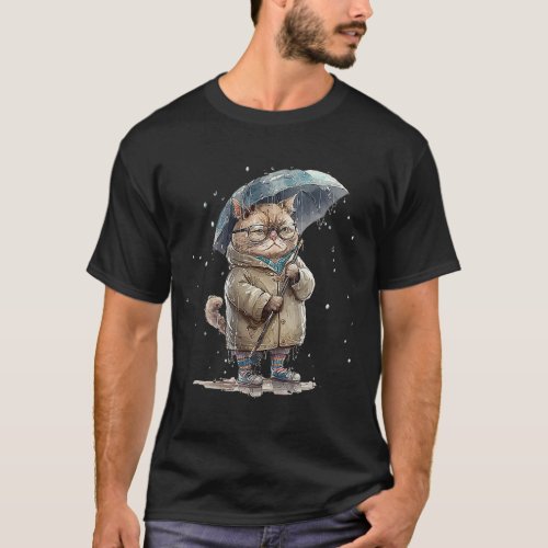 Annoyed cat sad cat with umbrella in the rain grap T_Shirt