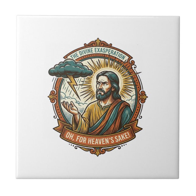 Annoyed Jesus Dark Rain Cloud Lightning Weather Hu Ceramic Tile (Front)