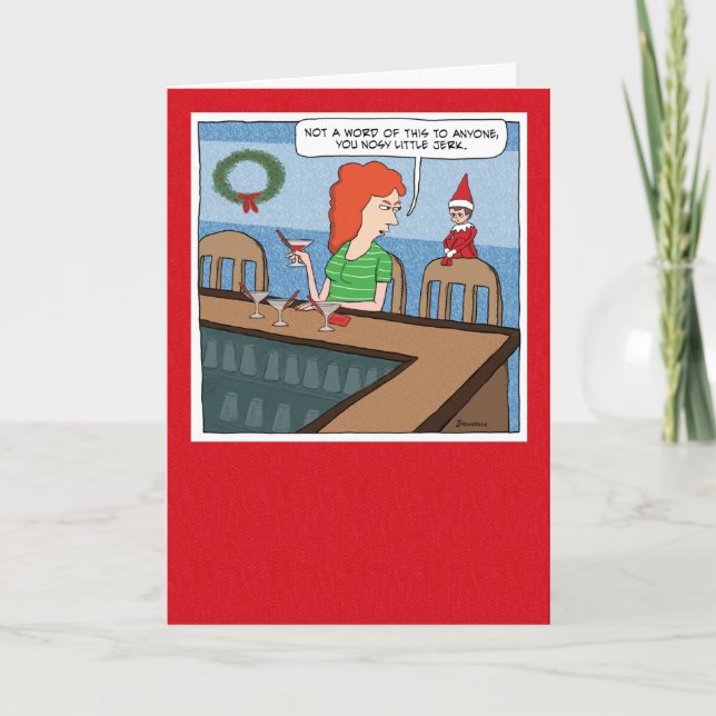Annoying Elf Spying on Woman Christmas Holiday Card (Front)