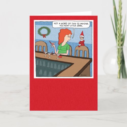 Annoying Elf Spying on Woman Christmas Holiday Card