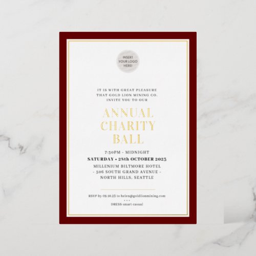 ANNUAL CHARITY BALL plain elegant logo maroon gold Foil Invitation