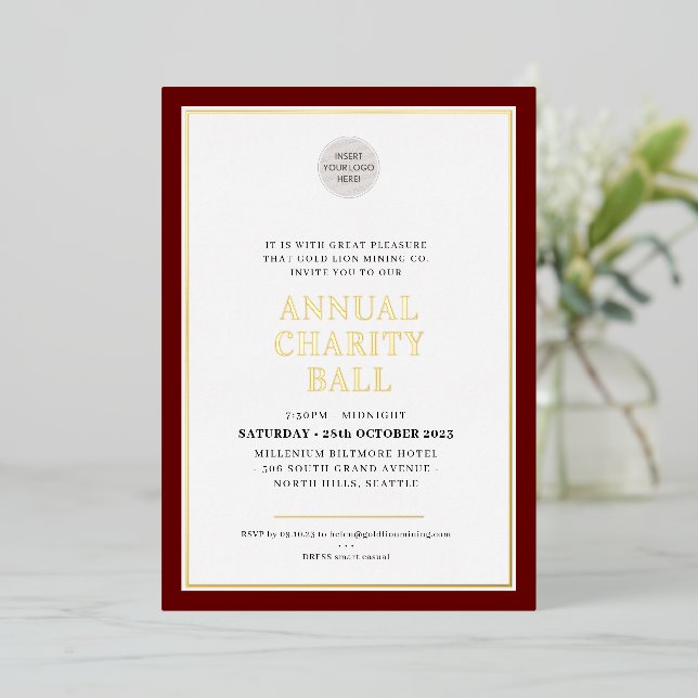 ANNUAL CHARITY BALL plain elegant logo maroon gold Foil Invitation (Standing Front)