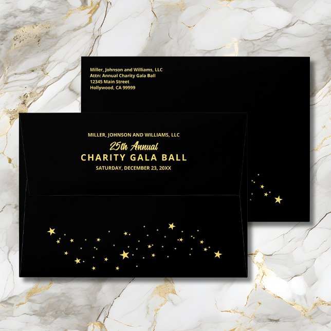 Annual Charity Gala Ball Event Elegant Black Gold Envelope (Black and Gold Corporate Celebration Anniversary Charity Event Envelope with Stars & Return Address.)