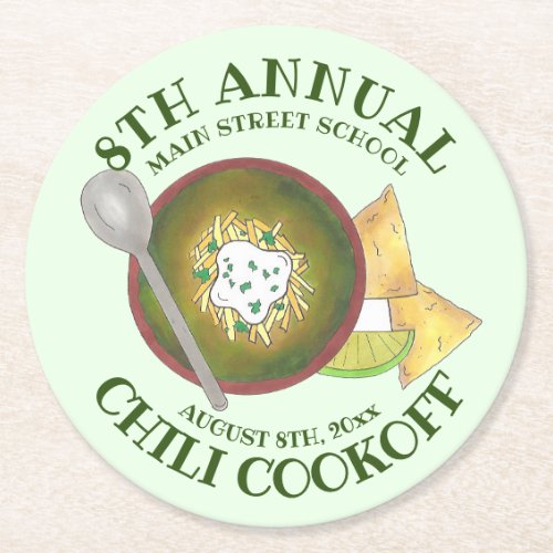 Annual Chili Cookoff Cook Off Bowl of Green Chili Round Paper Coaster