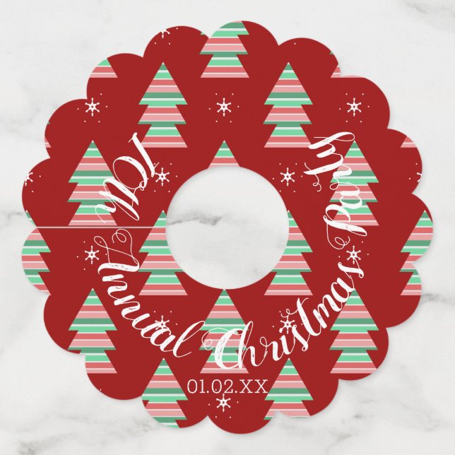 Annual Christmas Party Trees Stripes Wine Glass Tag (Front)