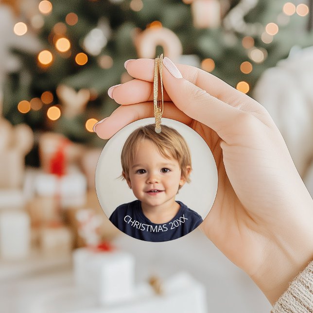 Annual Christmas Photo White Text Ceramic Ornament (Annual Christmas Photo Ornament)