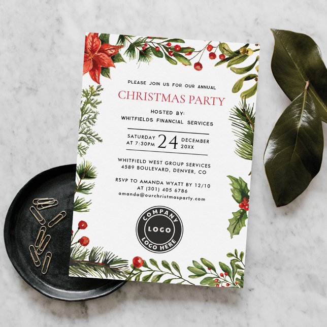 Annual Corporate Employees Christmas Party Invitation (Christmas Holidays Company Logo Poinsettia Red Berries Botanical Annual Party Invitation)