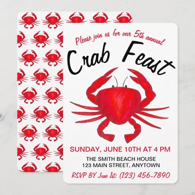 Annual Crab Feast Red Maryland Hard Shell Seafood Invitation (Front/Back)