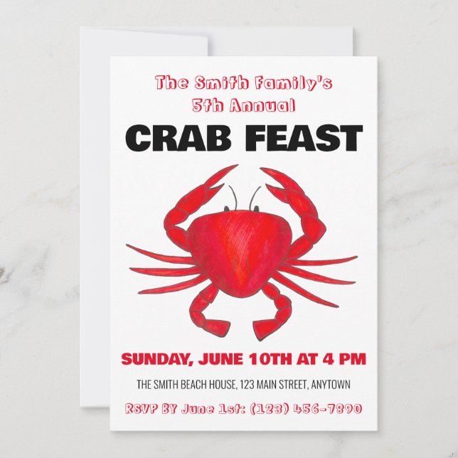 Annual Crab Feast Red Maryland Hard Shell Seafood Invitation (Front)