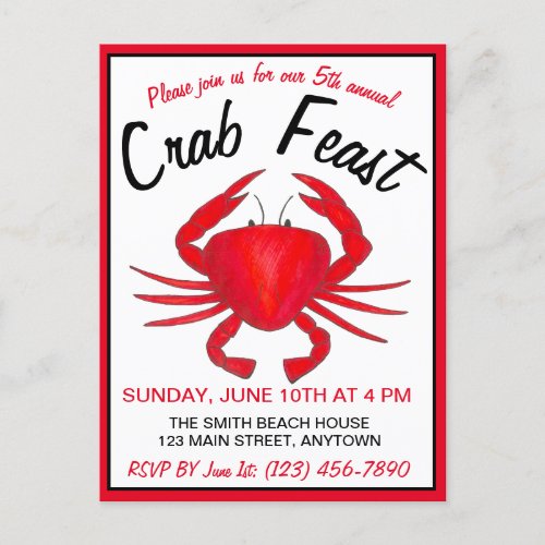 Annual Crab Feast Red Maryland Hard Shell Seafood Invitation Postcard