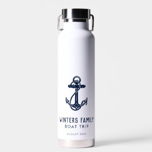 Annual Family Boat Trip Navy Blue Anchor Custom Water Bottle