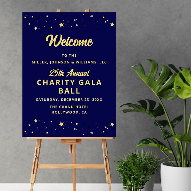 Annual Gala Ball Fundraiser Elegant Welcome Sign (Charity Gala Ball Annual Company Event Welcome Sign in Blue and Gold with Gold Stars.)