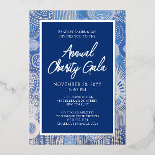 Annual Gala Blue Abstract Watercolor Silver Foil Invitation