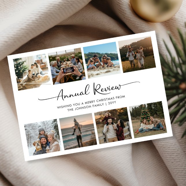Annual Review Script Family 8 Photo Christmas Holiday Card (Creator Uploaded)
