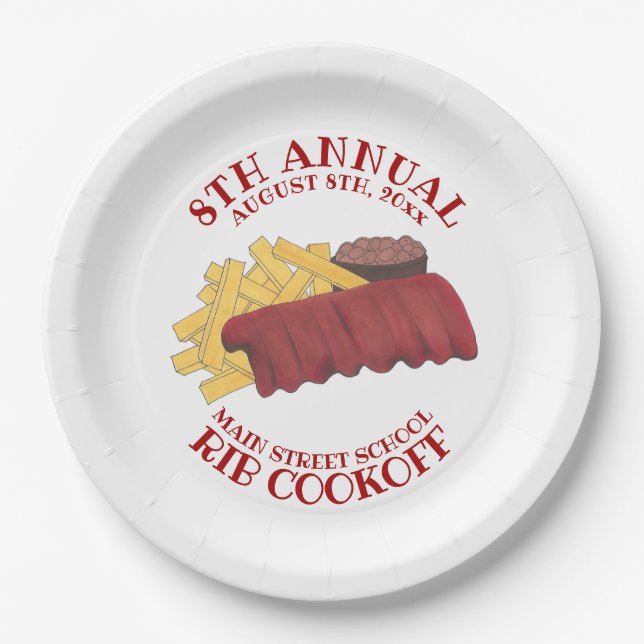 Annual Rib Cookoff BBQ Spare Ribs Barbecue Foodie Paper Plates (Front)