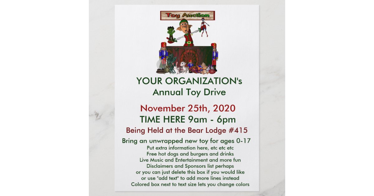 Annual Toy Drive Flier With Cute Elf Toy Auction Flyer