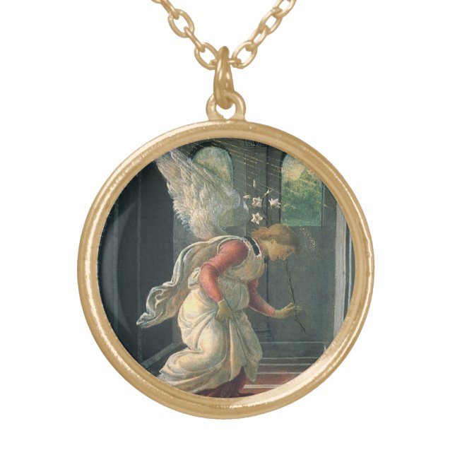 Annunciation (angel detail) by Sandro Botticelli Gold Plated Necklace (Front)
