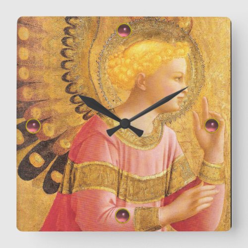 ANNUNCIATION ANGEL IN GOLD AND PINK SQUARE WALL CLOCK