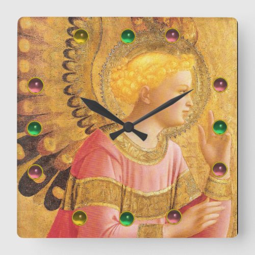 ANNUNCIATION ANGEL IN GOLD PINK Colorful gemstones Square Wall Clock