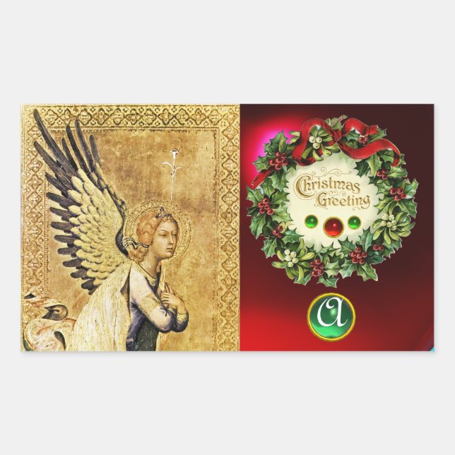 ANNUNCIATION ANGEL MONOGRAM,  Ruby Green Emerald Rectangular Sticker (Front)