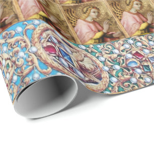ANNUNCIATION ANGEL ,RED BLUE GEMS,PRECIOUS JEWELS WRAPPING PAPER